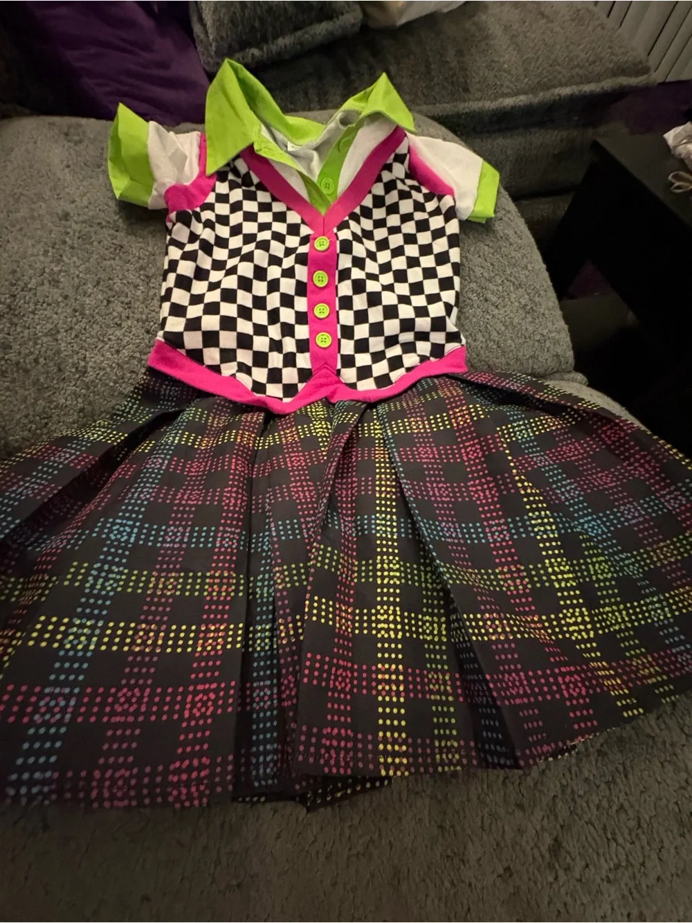 Black & White Checker Knit Vest dress with Neon Pink Trim and Lime Green Buttons
